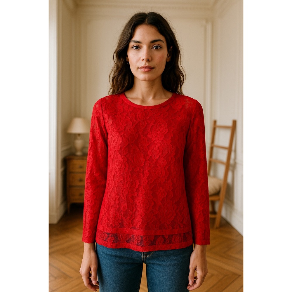 Comme des Garcons Red Lace Floral Pattern Round Neck Size Large